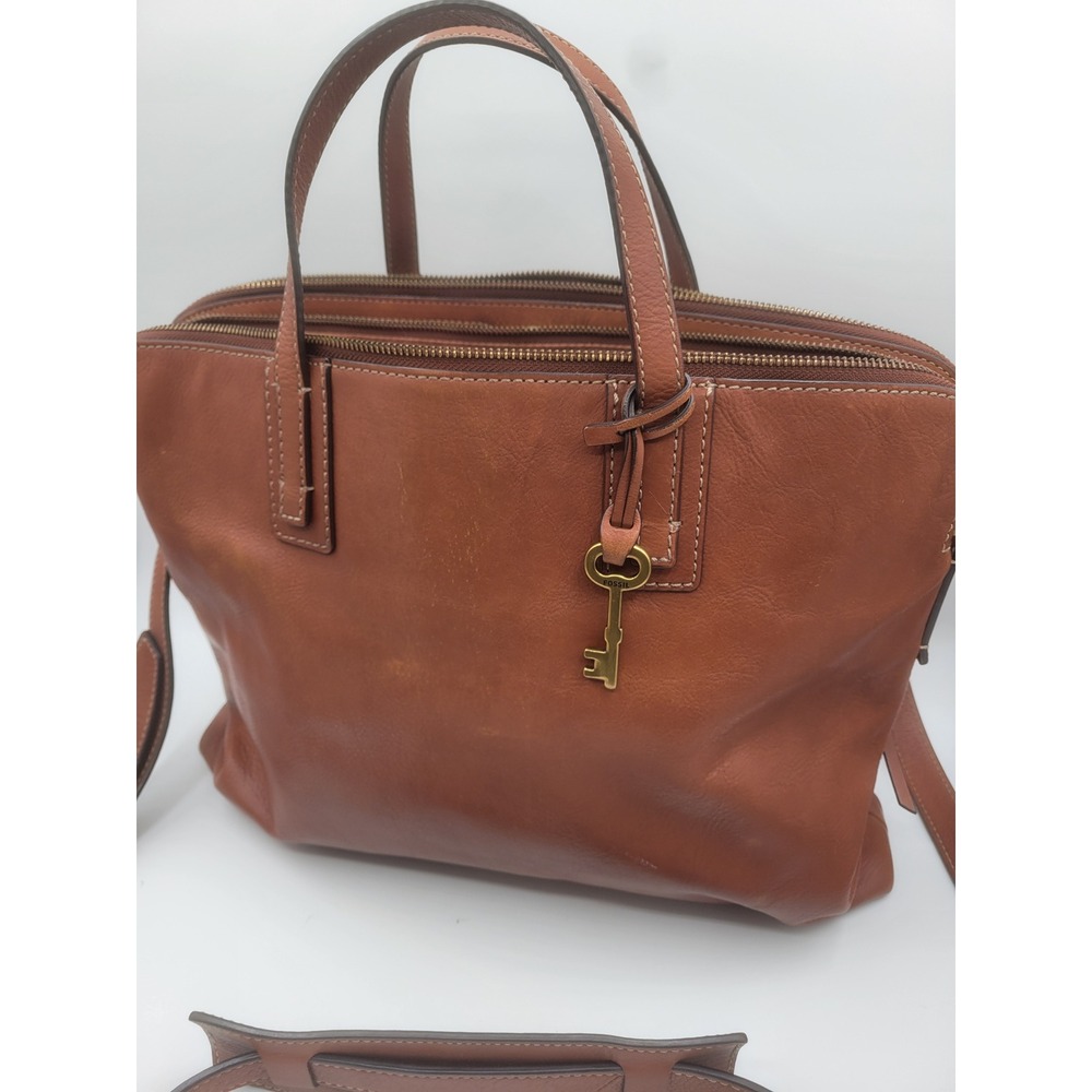 Fossil Rachel Satchel Brown Leather Triple Compartment Crossbody Laptop Bag